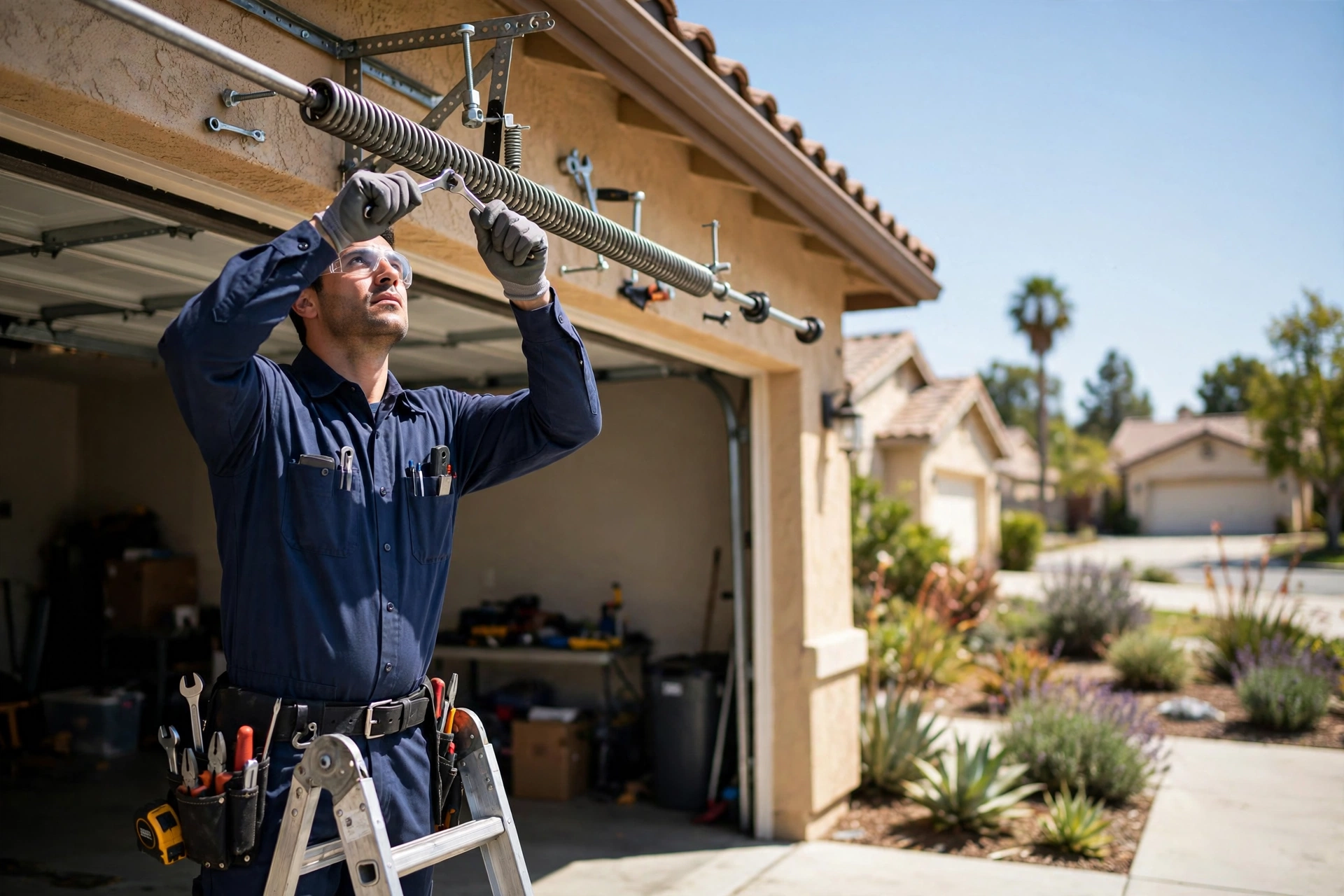 Technician replacing a broken garage door torsion spring in California